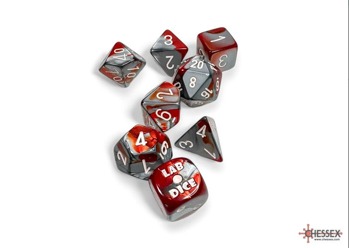 Lab Dice 8 Gemini Red-Steel/white Polyhedral 7-Die Set (with bonus die)