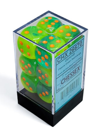 Gemini 16mm d6 Plasma Green-Teal/orange Luminary Dice Block (12 dice)