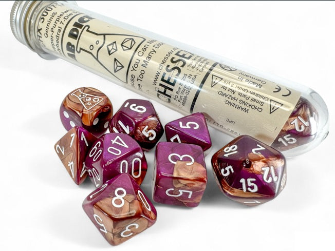 Lab Dice 9 Gemini Copper-Purple/white Polyhedral 7-Die Set (with bonus die)