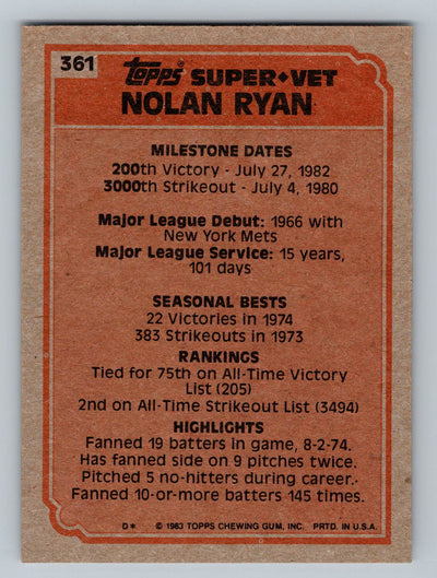 1983 Topps #361 Nolan Ryan