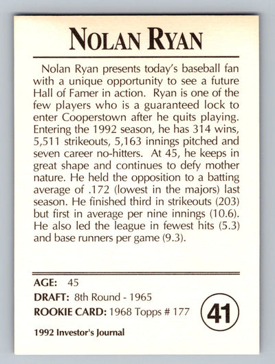 1992 Investor's Journal #41 Nolan Ryan Colors Foil