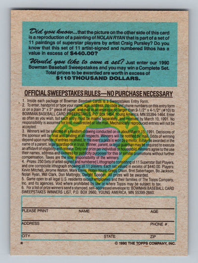 1990 Bowman #NNO Nolan Ryan Sweepstakes