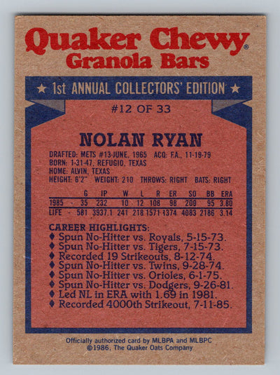 1986 Topps Quaker Granola #12 Nolan Ryan