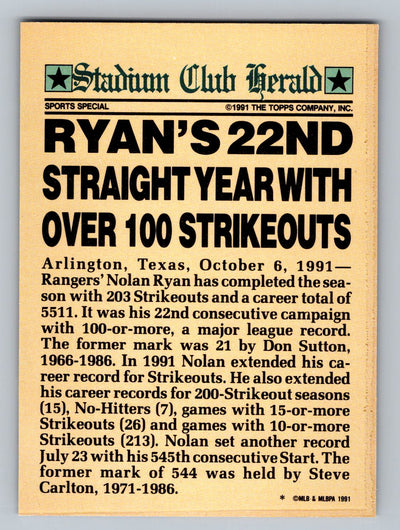 1991 Stadium Club Members Only #NNO Nolan Ryan (Ryan's 22nd Year Over 100 Ks)