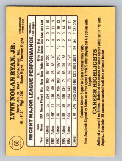 1985 Donruss #60 Nolan Ryan