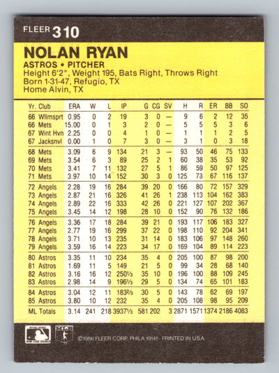 1986 Fleer #310 Nolan Ryan