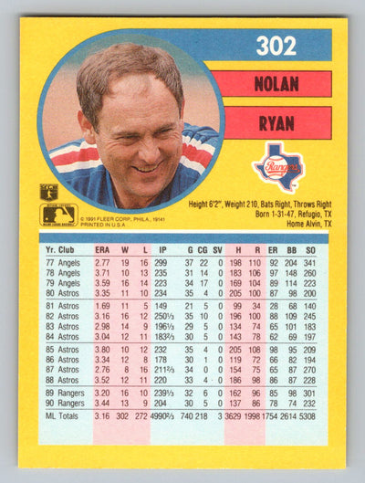 1991 Fleer #302b Nolan Ryan Jumbo Pack version: First stat grouping is four lines