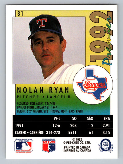 1992 O-Pee-Chee Premier #81 Nolan Ryan