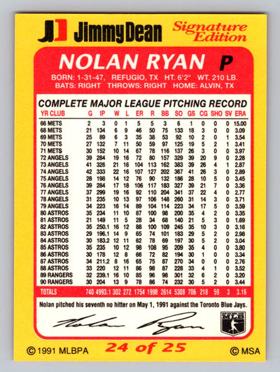 1991 Jimmy Dean Signature Edition #24 Nolan Ryan