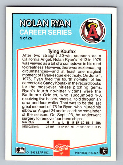 1992 Donruss Coca-Cola Nolan Ryan #9 Nolan Ryan