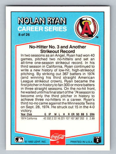 1992 Donruss Coca-Cola Nolan Ryan #8 Nolan Ryan