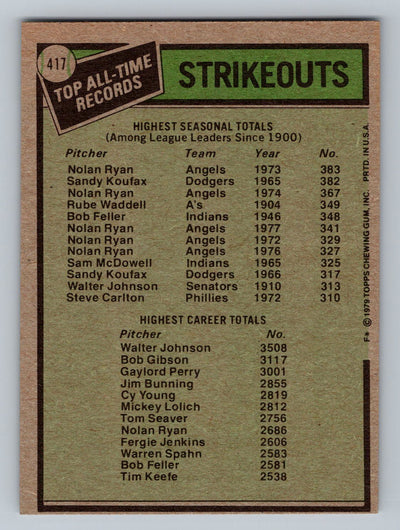 1979 Topps #417 All-Time Record Holders: Strikeouts (Nolan Ryan / Walter Johnson)