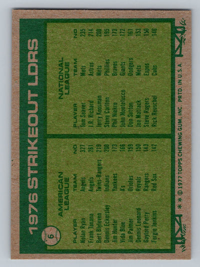 1977 Topps #6 1976 Strikeout Leaders (Nolan Ryan / Tom Seaver)