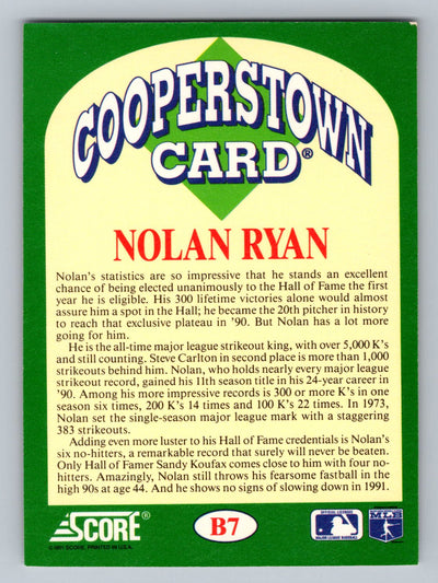 1991 Score #B7 Nolan Ryan Cooperstown