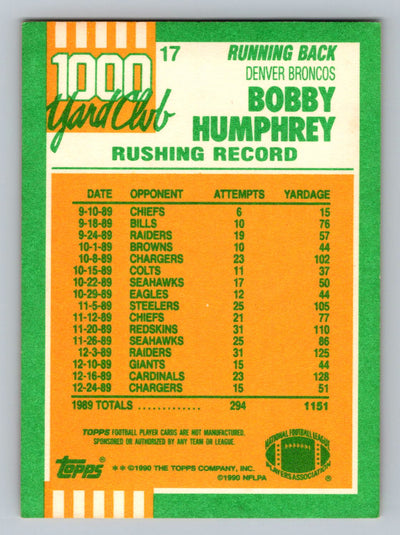 1990 Topps #17a Bobby Humphrey 1000 Yard Club