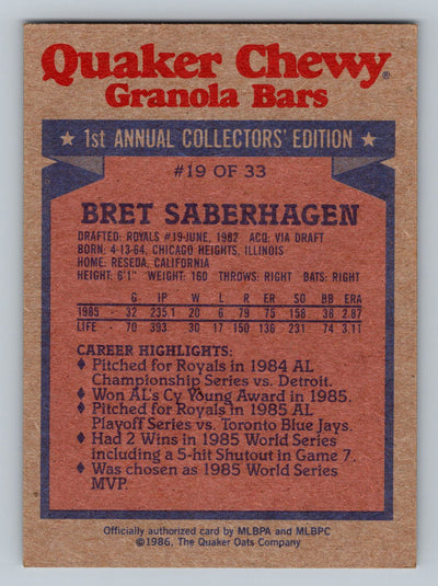 1986 Topps Quaker Granola #19 Bret Saberhagen