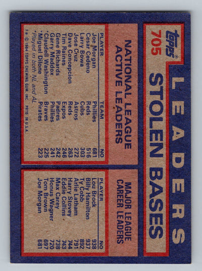 1984 Topps #705 NL Active Career Stolen Base Leaders (Joe Morgan / Cesar Cedeno / Larry Bowa)