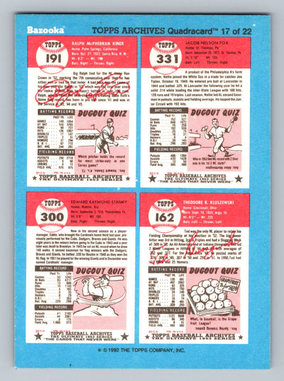 1992 Topps Bazooka Archives Quadracards #17 Nellie Fox / Ralph Kiner / Ted Kluszewski / Eddie Stanky