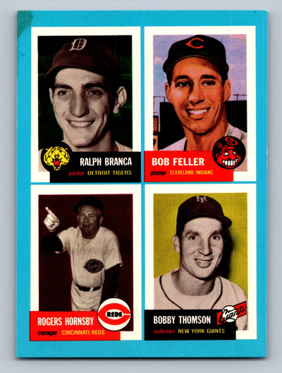 1992 Topps Bazooka Archives Quadracards #7 Ralph Branca / Bob Feller / Rogers Hornsby / Bobby Thomson