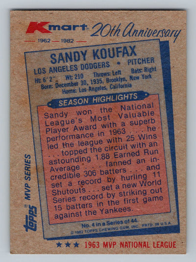 1982 Topps Kmart 20th Anniversary #4 Sandy Koufax