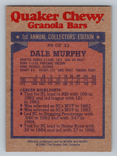 1986 Topps Quaker Granola #8 Dale Murphy