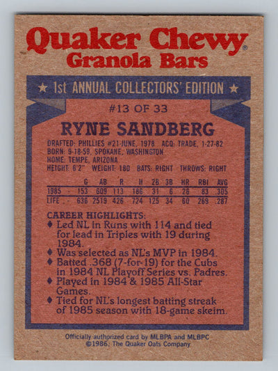 1986 Topps Quaker Granola #13 Ryne Sandberg