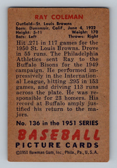 1951 Bowman #136 Ray Coleman