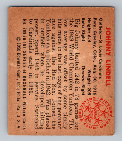 1950 Bowman #209a Johnny Lindell