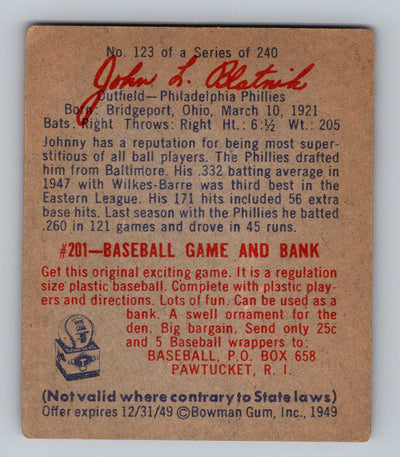 1949 Bowman #123 Johnny Blatnik