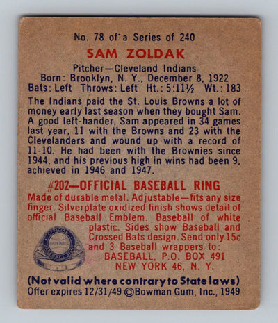 1949 Bowman #78b Sam Zoldak Name on front