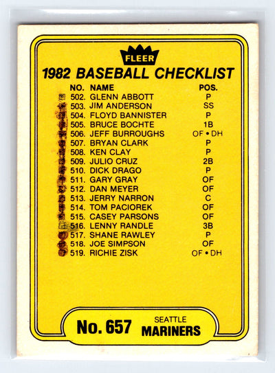 1982 Fleer #657 Checklist: Mariners / Mets