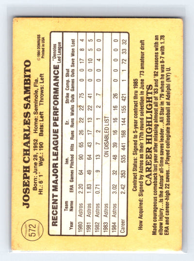 1985 Donruss #572 Joe Sambito