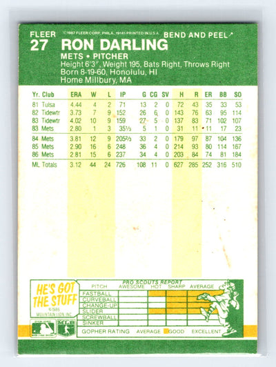 1987 Fleer Star Stickers #27 Ron Darling