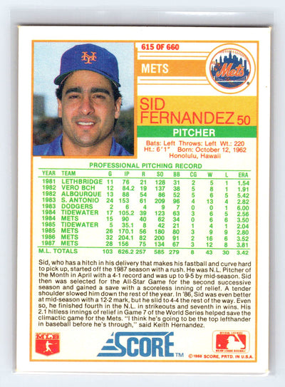 1988 Score #615 Sid Fernandez