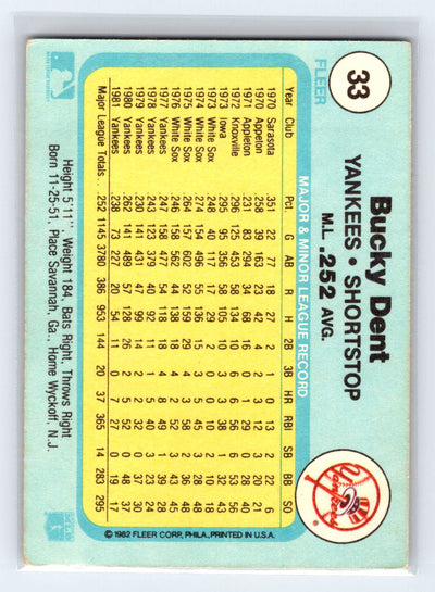 1982 Fleer #33 Bucky Dent