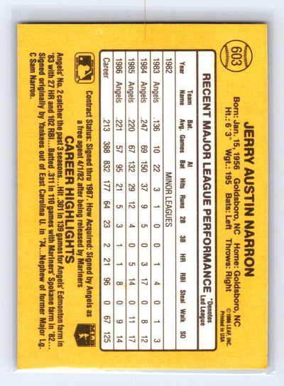 1987 Donruss #603 Jerry Narron