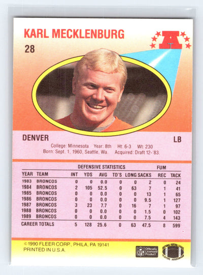 1990 Fleer #28b Karl Mecklenburg Right edge of A in AFC logo aligned with blue