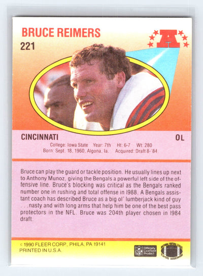 1990 Fleer #221a Bruce Reimers Lower right star of AFC logo aligned with blue