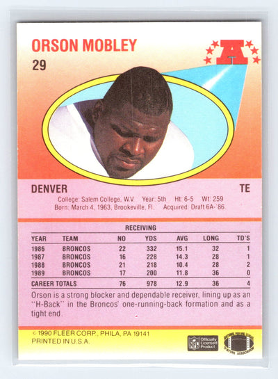 1990 Fleer #29b Orson Mobley Right edge of A in AFC logo aligned with blue