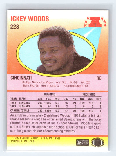 1990 Fleer #223b Ickey Woods Lower right star of AFC logo aligned with blue