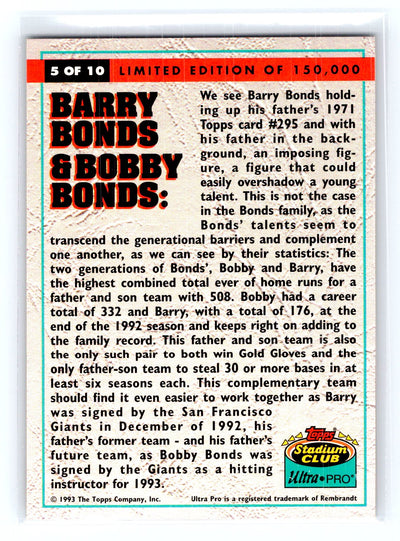 1993 Stadium Club Ultra-Pro #5 Barry Bonds / Bobby Bonds