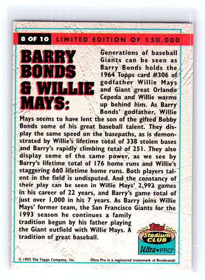 1993 Stadium Club Ultra-Pro #8 Barry Bonds / Willie Mays