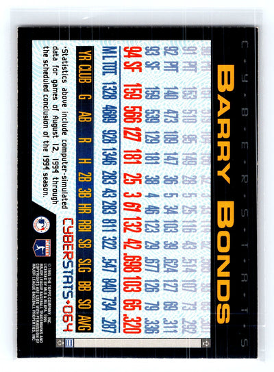 1995 Topps #064 Barry Bonds CyberStats (Spectralight)