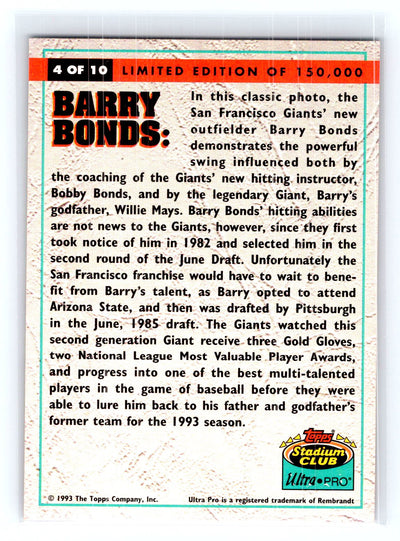 1993 Stadium Club Ultra-Pro #4 Barry Bonds