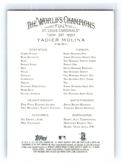 2011 Topps Allen & Ginter #247 Yadier Molina Code Cards