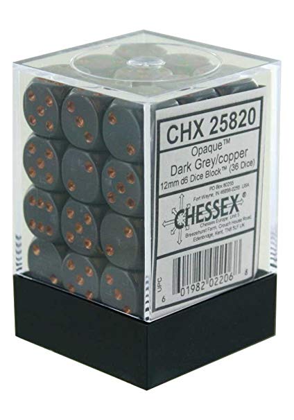 Opaque 12mm D6 Dark Grey/Copper Dice Block (36)