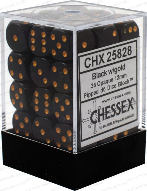 Opaque 12mm D6 Black/Gold (36)