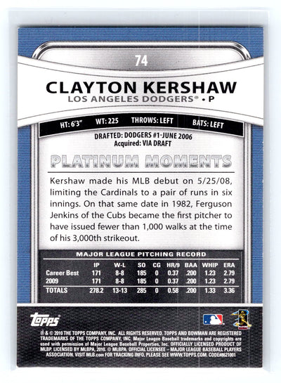 2010 Bowman Platinum #74 Clayton Kershaw