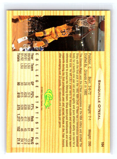 1993 Classic Draft Picks #104 Shaquille O'Neal