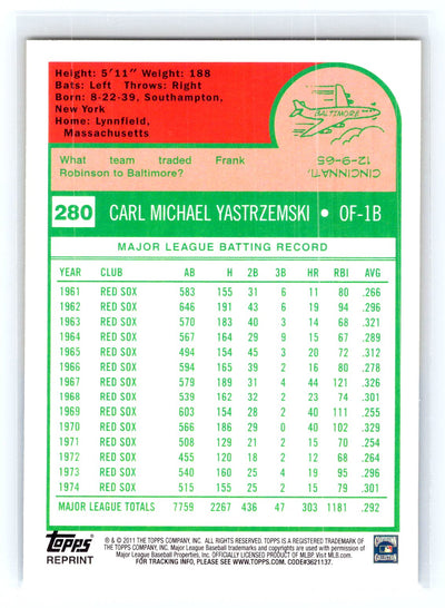 2011 Topps #280 Carl Yastrzemski 60 Years of Topps Original Back